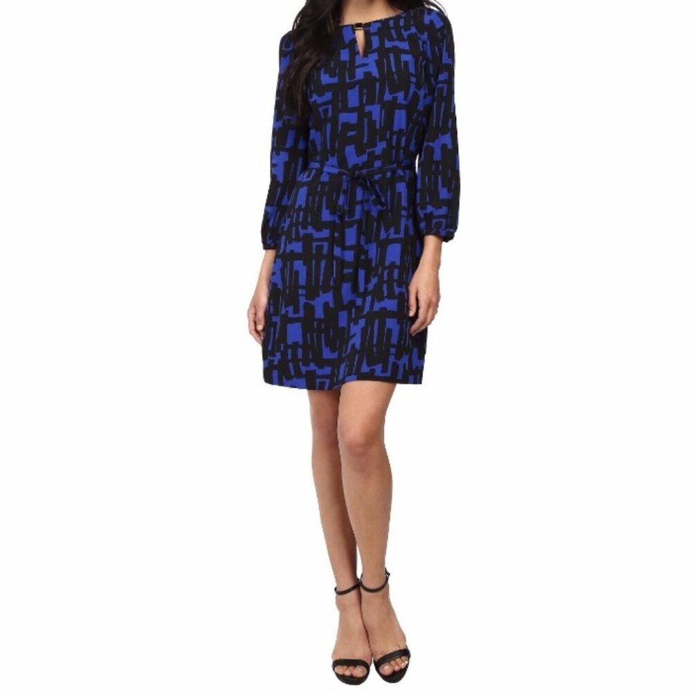 Tahari printed black & blue abstract shift dress with optional tie